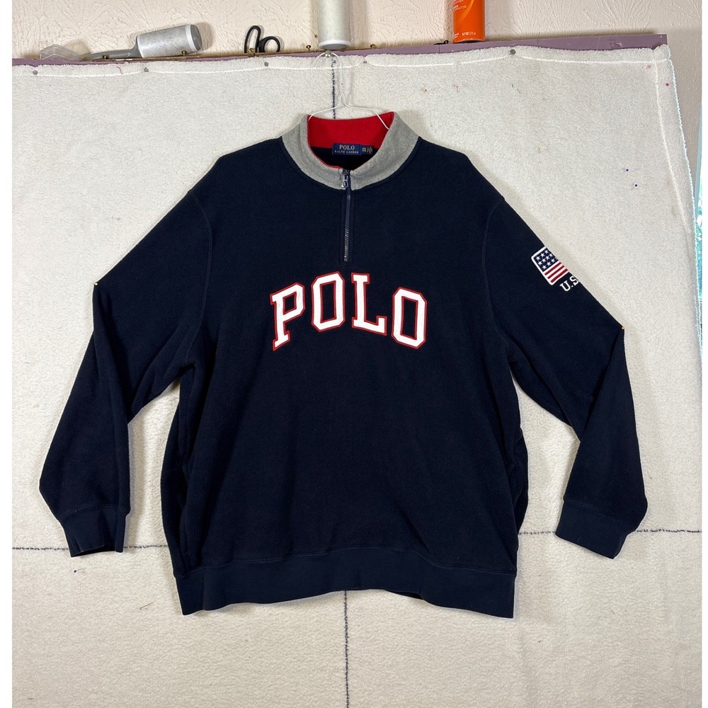 Polo Ralph Lauren Mens XXL Navy Blue Fleece Quarter Zip USA Flag Pullover